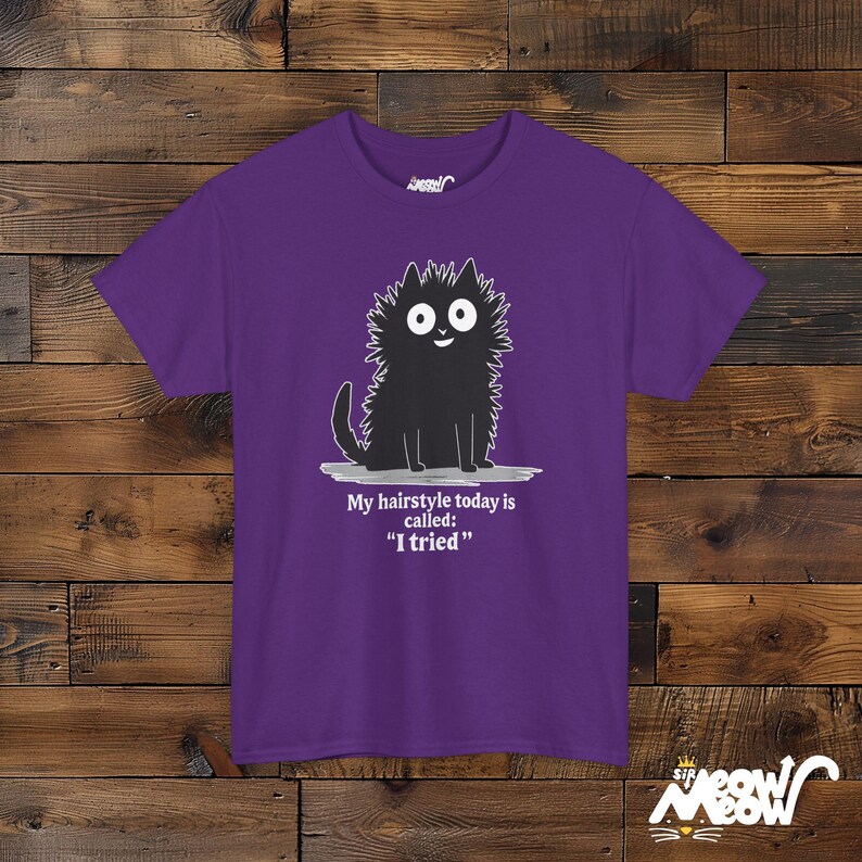 Funny Cat T-Shirt: Bad Hair Day, I Tried - Unisex Cotton Tee Purple