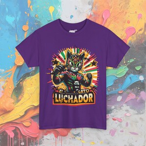 Wrestling Cat Shirt, El Gato Luchador T-Shirt, Lucha Libre Inspired Mexican Wrestler Cat Purple