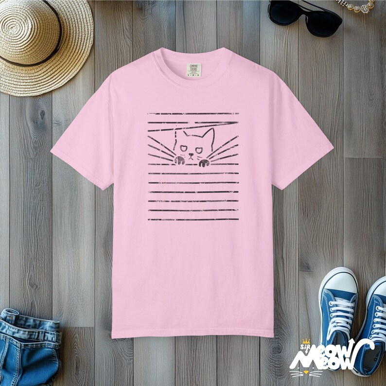 Comfort Colors Cat Blinds T-Shirt: Funny Mischief Tee Blossom
