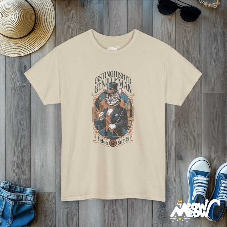 Aristocratic Cat T-Shirt: Retro Gentleman Feline Design Sand