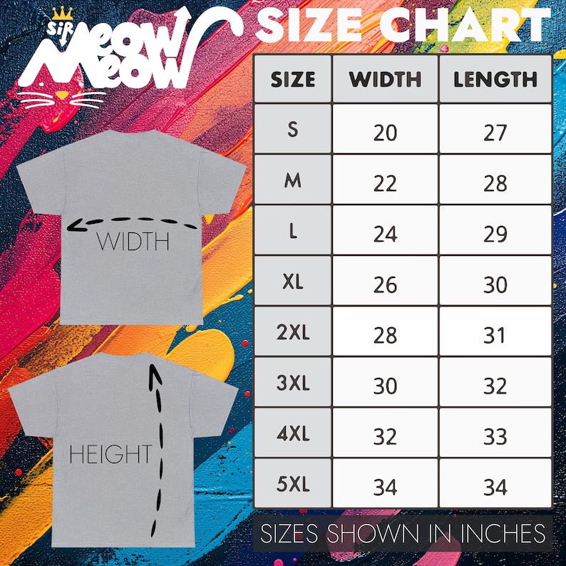 Pu&ograve; includere: Tabella delle taglie per una t-shirt con misure in pollici per larghezza e lunghezza. Le taglie vanno dalla S alla 5XL.