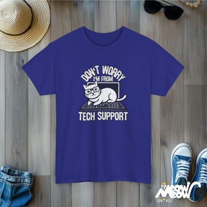 Funny Tech Support Cat T-Shirt: Geek Programmer Gift Cobalt