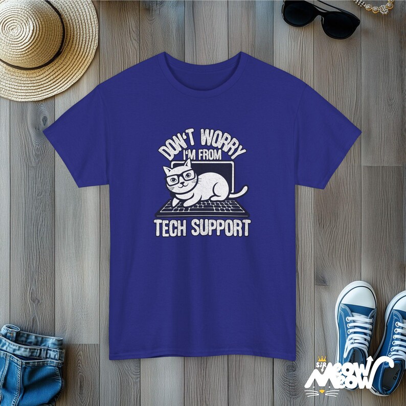 Funny Tech Support Cat T-Shirt: Geek Programmer Gift Cobalt