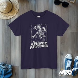 Camiseta engraçada de gato cowboy: Meowdy Pawtner Western Tee Blackberry