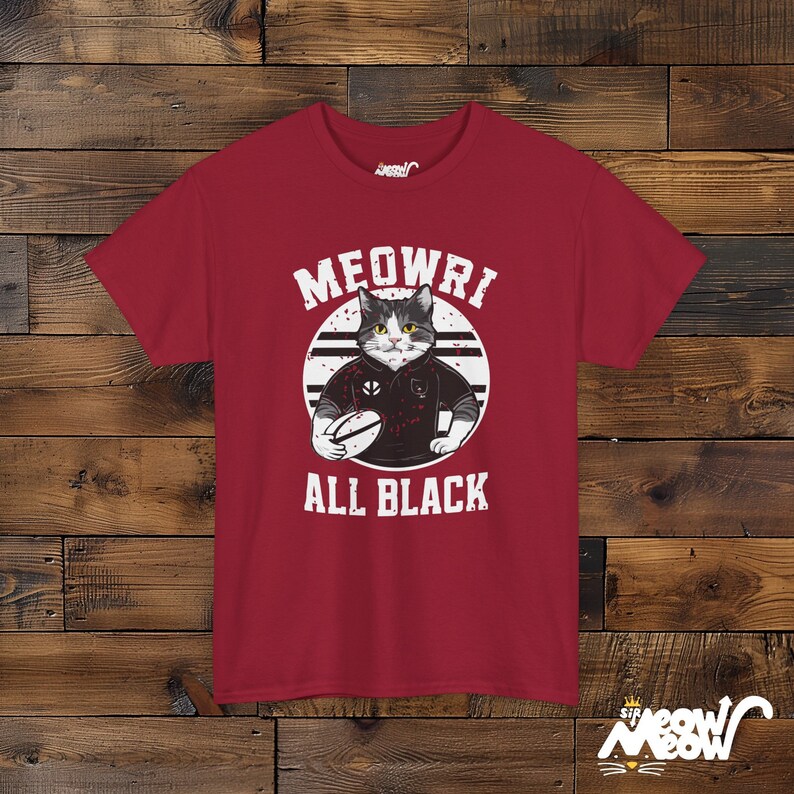 Funny Rugby Cat Graphic T-Shirt - Meowri All Black Unisex Tee Cardinal Red