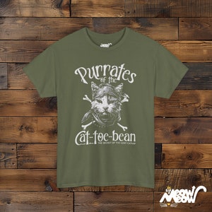 Cat Pirate T-Shirt: Purrates of the Cat-toe-bean Unisex Tee Military Green