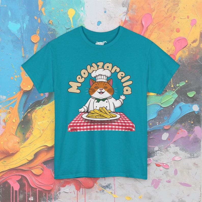 Camiseta de Chef Cat: Meowzarella, divertida camiseta de comida Tropical Blue