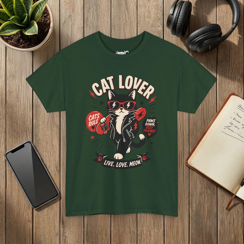 Punk Cat Graphic Tee, Edgy Cat Lover Shirt, Live Love Meow, Unisex Pet Top image 6