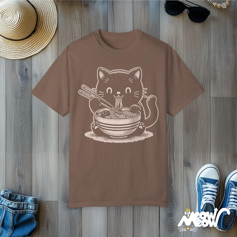 Kawaii Cat Eating Ramen T-Shirt: Comfort Colors Tee, Gift for Cat Lovers Espresso