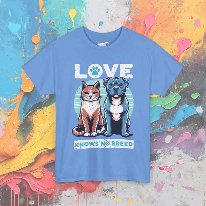 Love Knows No Breed T-Shirt: Cat & Dog Equality Tee Carolina Blue
