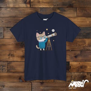 Cat Astronomer T-Shirt – Stargazing Kitty, Science Lover Gift Navy