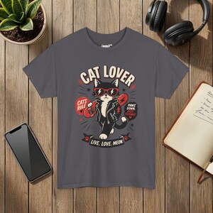 Punk Cat Graphic Tee, Edgy Cat Lover Shirt, Live Love Meow, Unisex Pet Top image 7