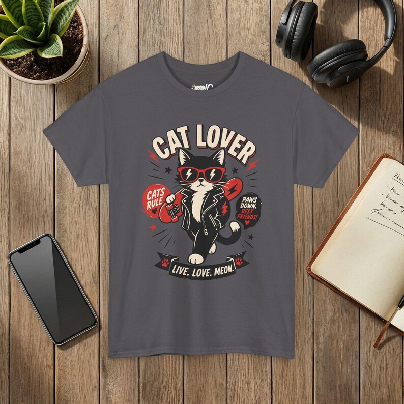 Punk Cat Graphic Tee, Edgy Cat Lover Shirt, Live Love Meow, Unisex Pet Top image 7
