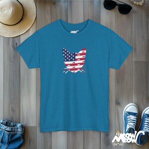 Patriotic Cat T-Shirt: USA Flag 4th of July Tee Antique Sapphire