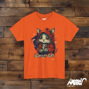 Camiseta de Halloween de gato aterrador, sudadera con capucha de esqueleto de gato espeluznante Orange