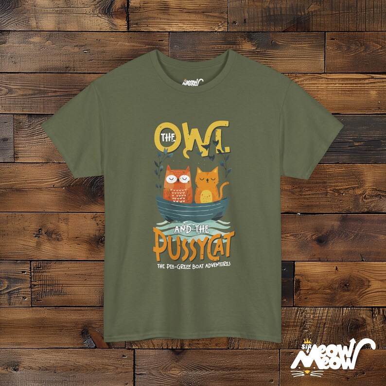 Owl and Pussycat T-Shirt, Story Lover Gift, Unisex Tee Military Green