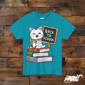 Back to School Cat Tee, Teacher Student Gift Tropical Blue