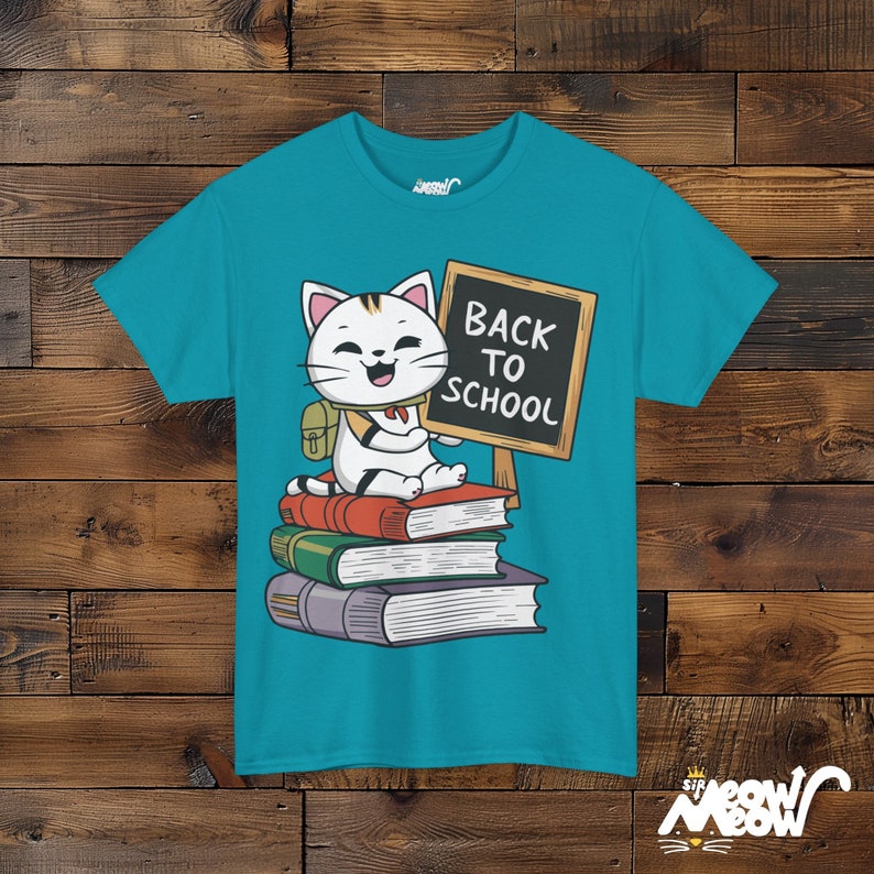 Back to School Cat Tee, Teacher Student Gift Tropical Blue