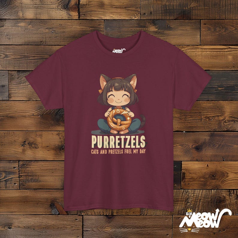 Purretzels Cat T-Shirt, Funny Foodie Unisex Tee Maroon