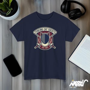 Fencing Cat Society Vintage Style Graphic T-Shirt with Cat Mask and Swords Design Navy