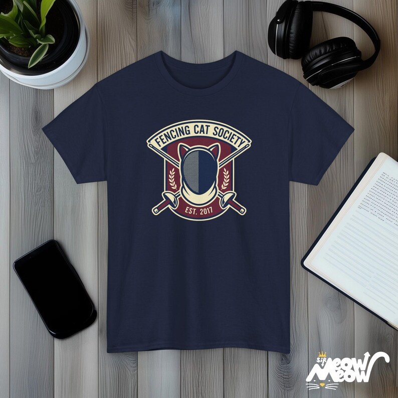Fencing Cat Society Vintage Style Graphic T-Shirt with Cat Mask and Swords Design Navy