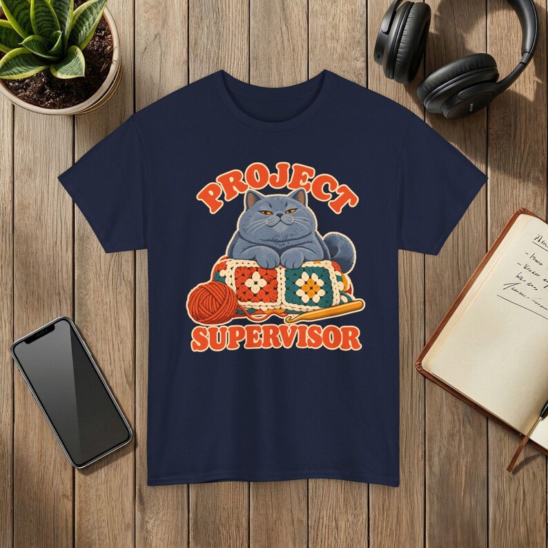 Project Supervisor Cat T-Shirt, Funny Crochet Shirt, Gift for Cat Lovers Navy