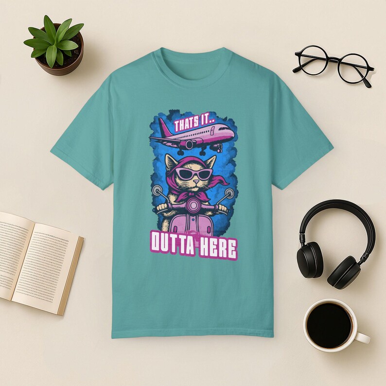 Funny Cat Travel T-Shirt: Jetsetter Cat on Scooter, Comfort Colors Tee Seafoam