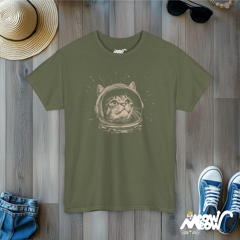 Astronaut Cat T-Shirt: Cosmic Kitty Space Design Military Green