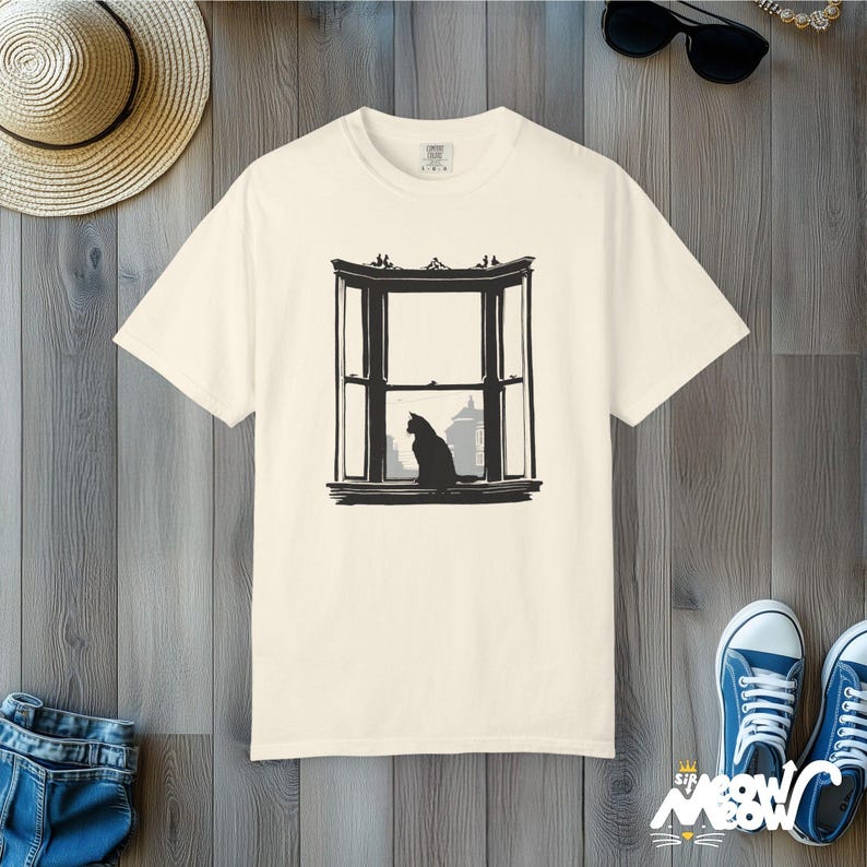 Minimalist Black Cat T-Shirt: Comfort Colors Silhouette Tee Ivory
