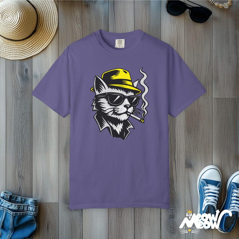 Cool Cat Fedora T-Shirt, Smoking Cat Lover Gift, Comfort Colors Unisex Tee Grape