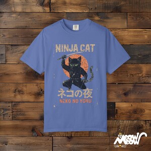 Comfort Colors Ninja Cat T-Shirt: Japanese Samurai Design Mystic Blue