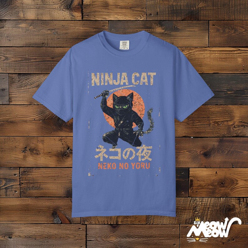 Comfort Colors Ninja Cat T-Shirt: Japanese Samurai Design Mystic Blue
