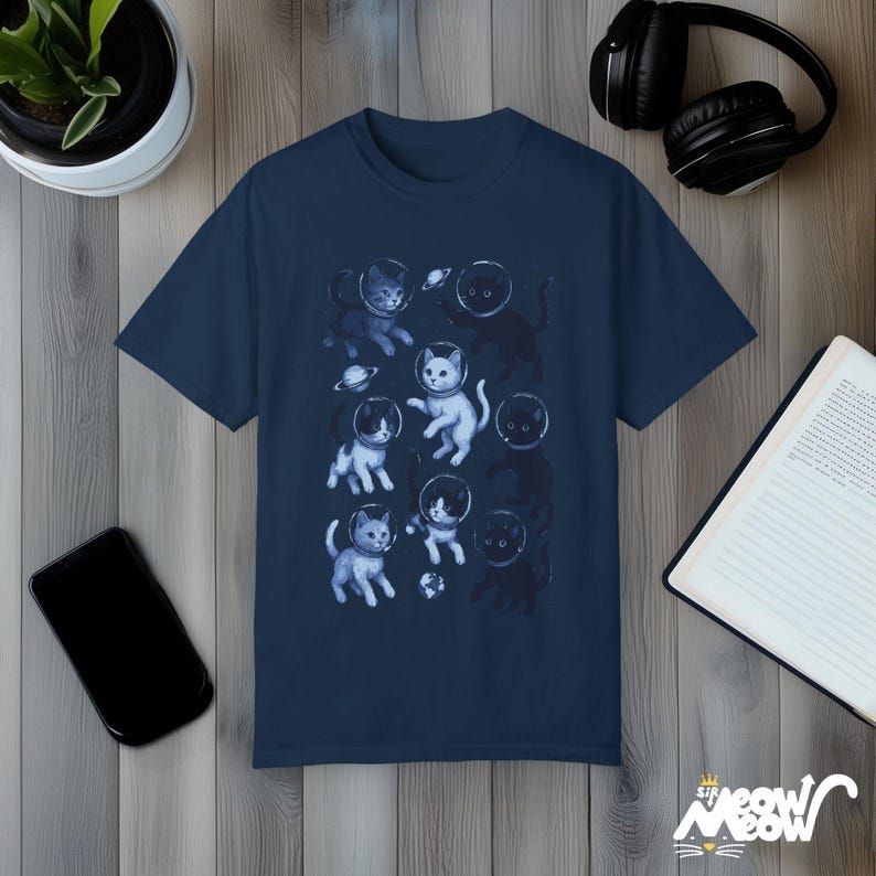 Space Cats T-Shirt: Cosmic Kitty Astronaut Graphic Tee True Navy
