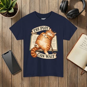 The Plot Can Wait Cat T-Shirt, Ginger Tabby on Book, Book Lover Gift Navy