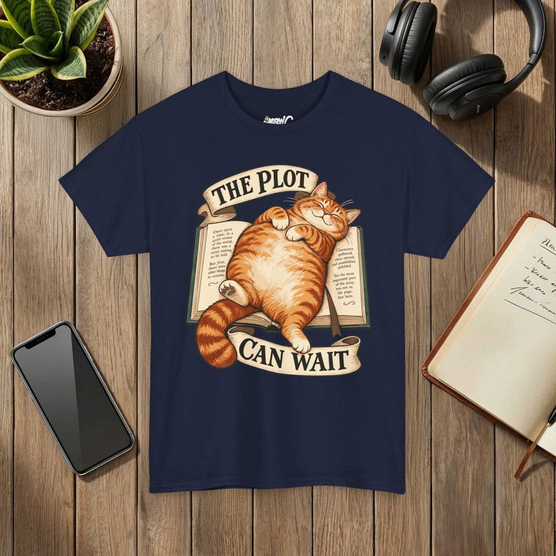 The Plot Can Wait Cat T-Shirt, Ginger Tabby on Book, Book Lover Gift Navy