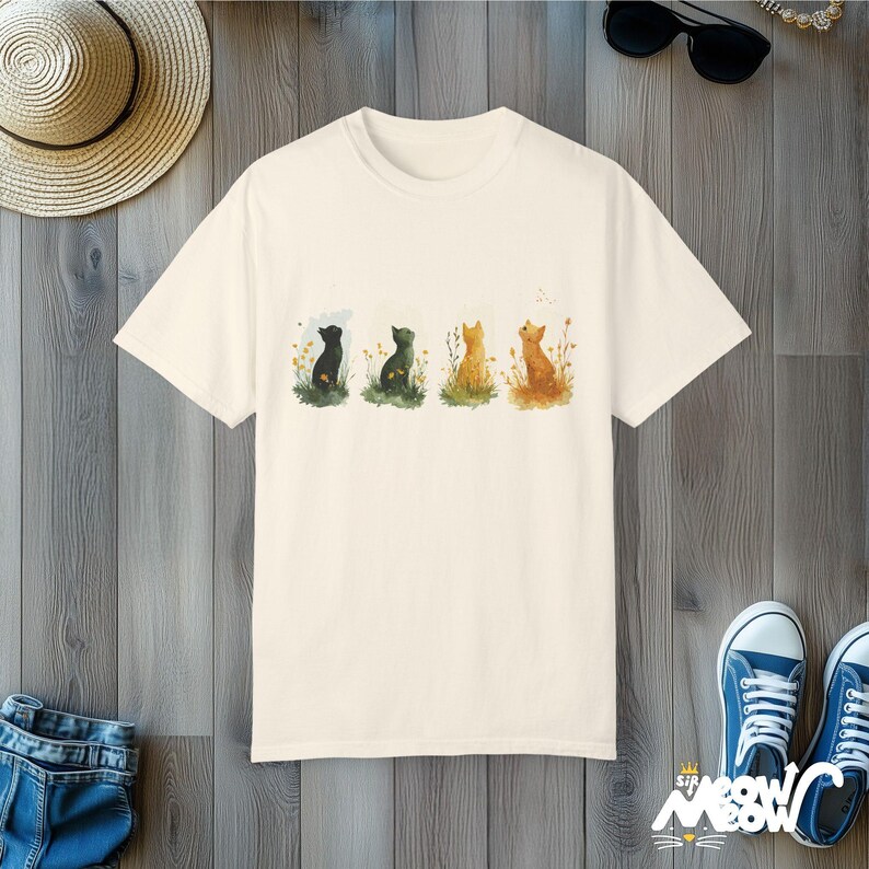 Watercolor Four Seasons Cat T-Shirt - Comfort Colors Unisex Tee Ivory