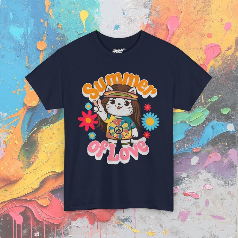 Hippie Cat T-Shirt: 60s Flower Power Groovy Tee Navy