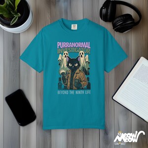 Purranormal Investigator T-Shirt Comfort Colors, Comic-Style Ghost Hunter Cat Tee, Beyond the Ninth Life Topaz Blue