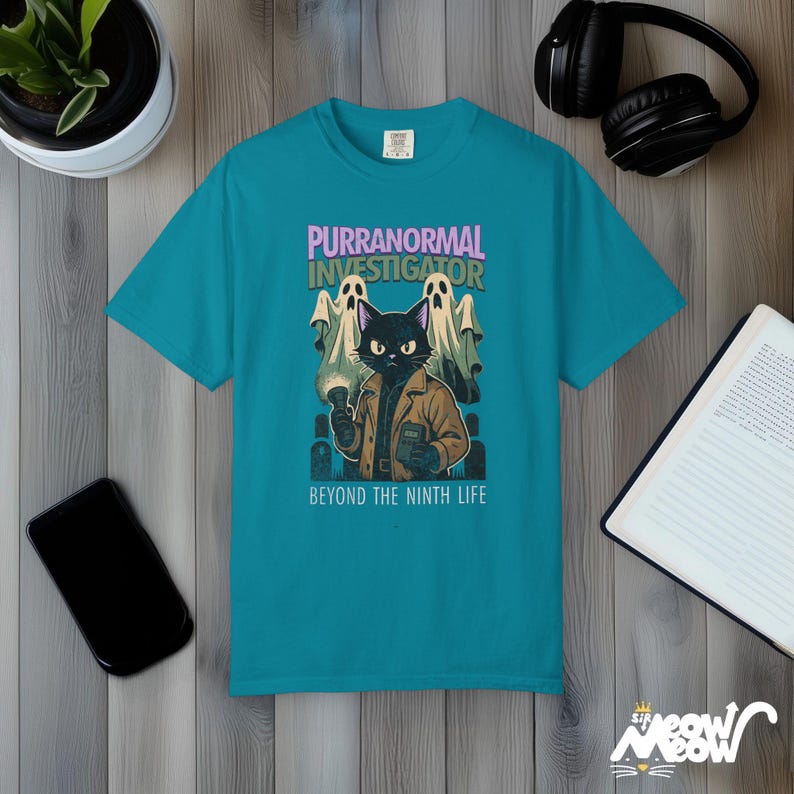 Purranormal Investigator T-Shirt Comfort Colors, Comic-Style Ghost Hunter Cat Tee, Beyond the Ninth Life Topaz Blue