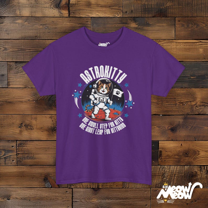 AstroKitty T-Shirt: Space Cat Adventure Unisex Tee Purple