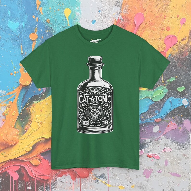 Cat-A-Tonic T-Shirt: Vintage Bottle Graphic, Funny Cat Pun image 9