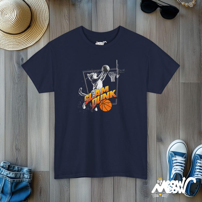 Slam Dunk Cat T-Shirt: Basketball Fan Gift Navy