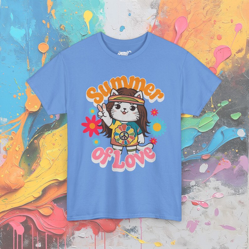 Hippie Cat T-Shirt: 60s Flower Power Groovy Tee Carolina Blue