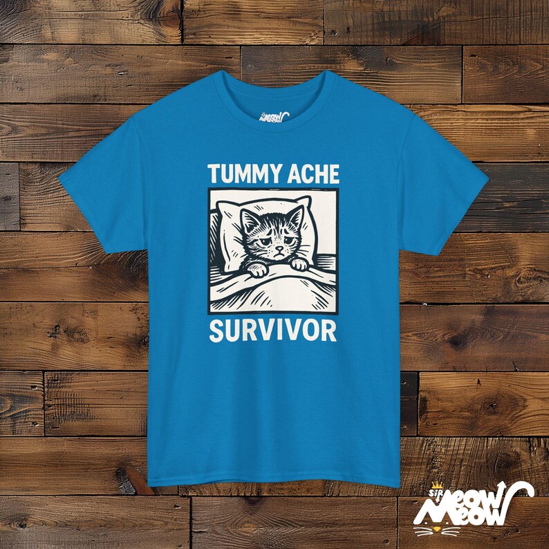 Tummy Ache Survivor Cat Shirt: Funny Unisex Graphic Tee Sapphire