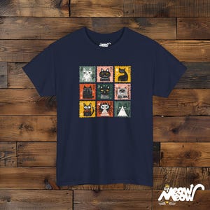 Retro Stamp Cat Grid T-Shirt: Kawaii Nine Cats Graphic Navy
