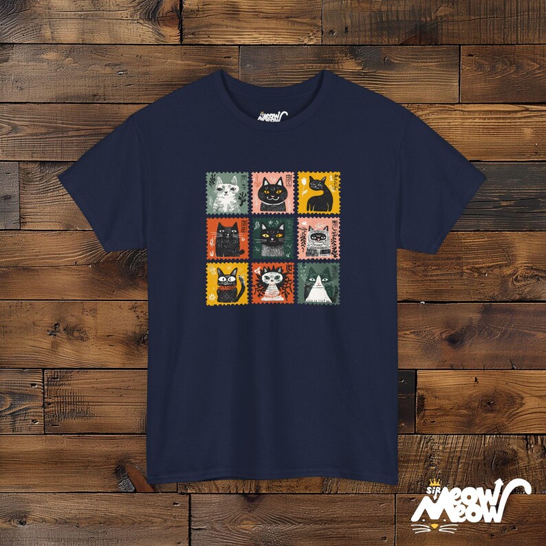 Retro Stamp Cat Grid T-Shirt: Kawaii Nine Cats Graphic Navy