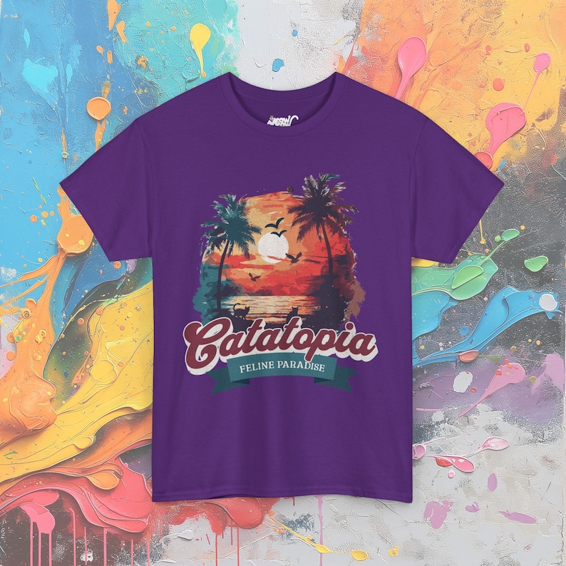 Catatopia T-Shirt, Tropical Cat Paradise Tee, Feline Lover Beach Shirt, Casual Vacation Top Purple