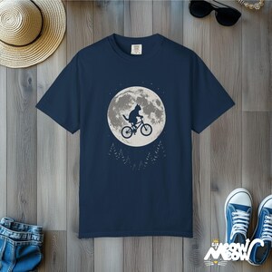 Comfort Colors Cat Moon T-Shirt: Flying Cat on Bike Graphic Tee True Navy