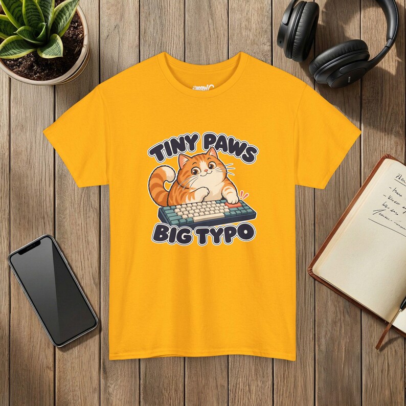 Tiny Paws Big Typo Cat T-Shirt, Keyboard Cat, Gildan 5000 Gold