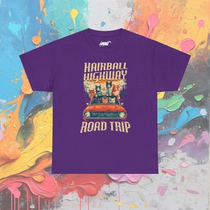 Hairball Highway Road Trip T-shirt: Cat Lover Adventure-T-shirt Purple